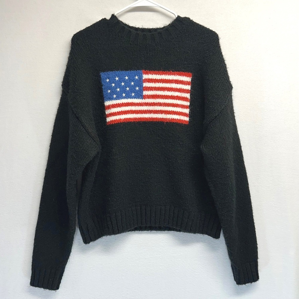 Edikted American Flag Sweater Women Small Black Crewneck Relaxed Knit Top